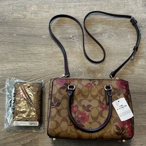 Coach Signature Canvas Victorian Floral Print Flower Wallet Crossbody Purse